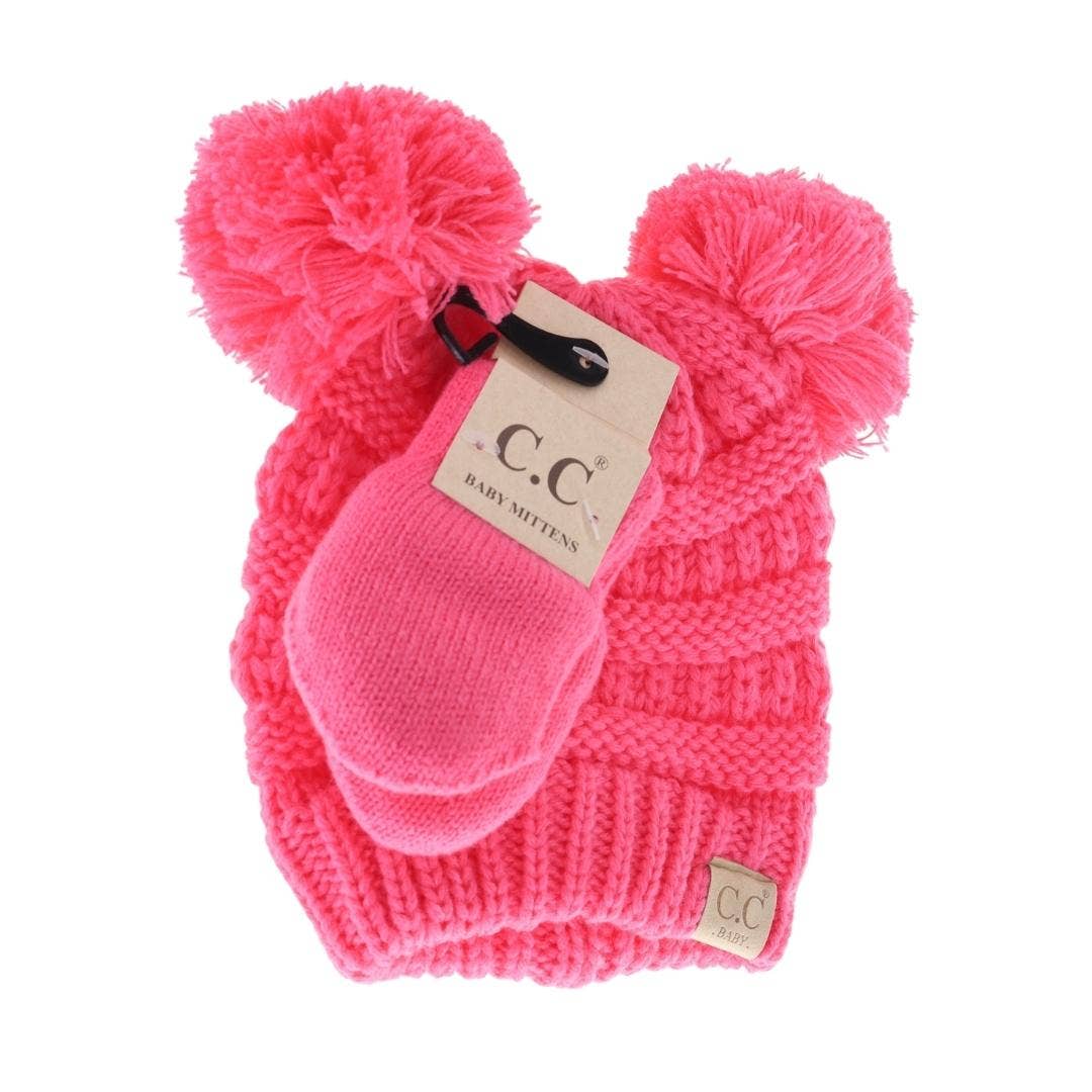 BABY Solid Knit Double Pom C.C Beanie with Mitten SET BABYSE
