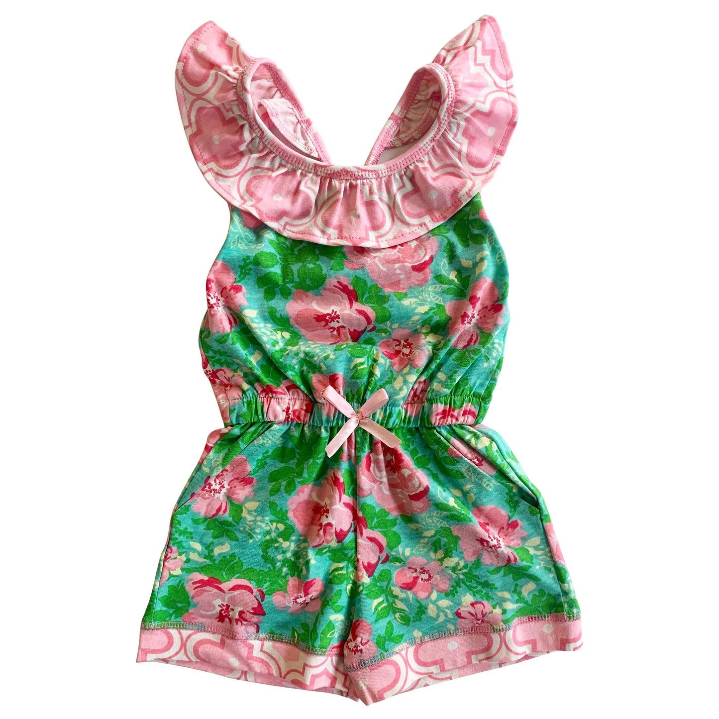 Girls Pink Green Floral Ruffle Jumpsuit Romper Kids Clothes